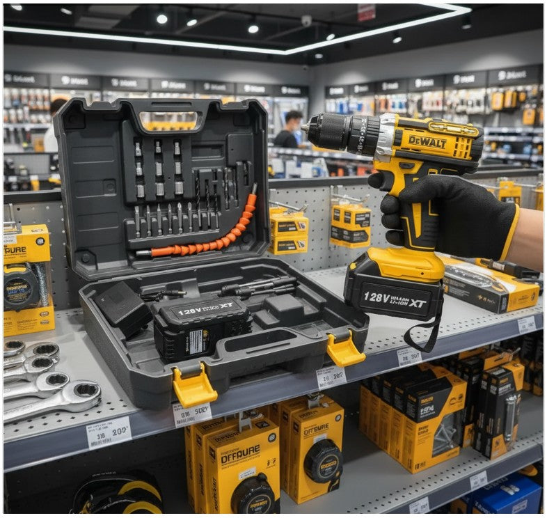 Taladro Inalámbrico Potente 128V DEWALT con Accesorios + 2 Baterías